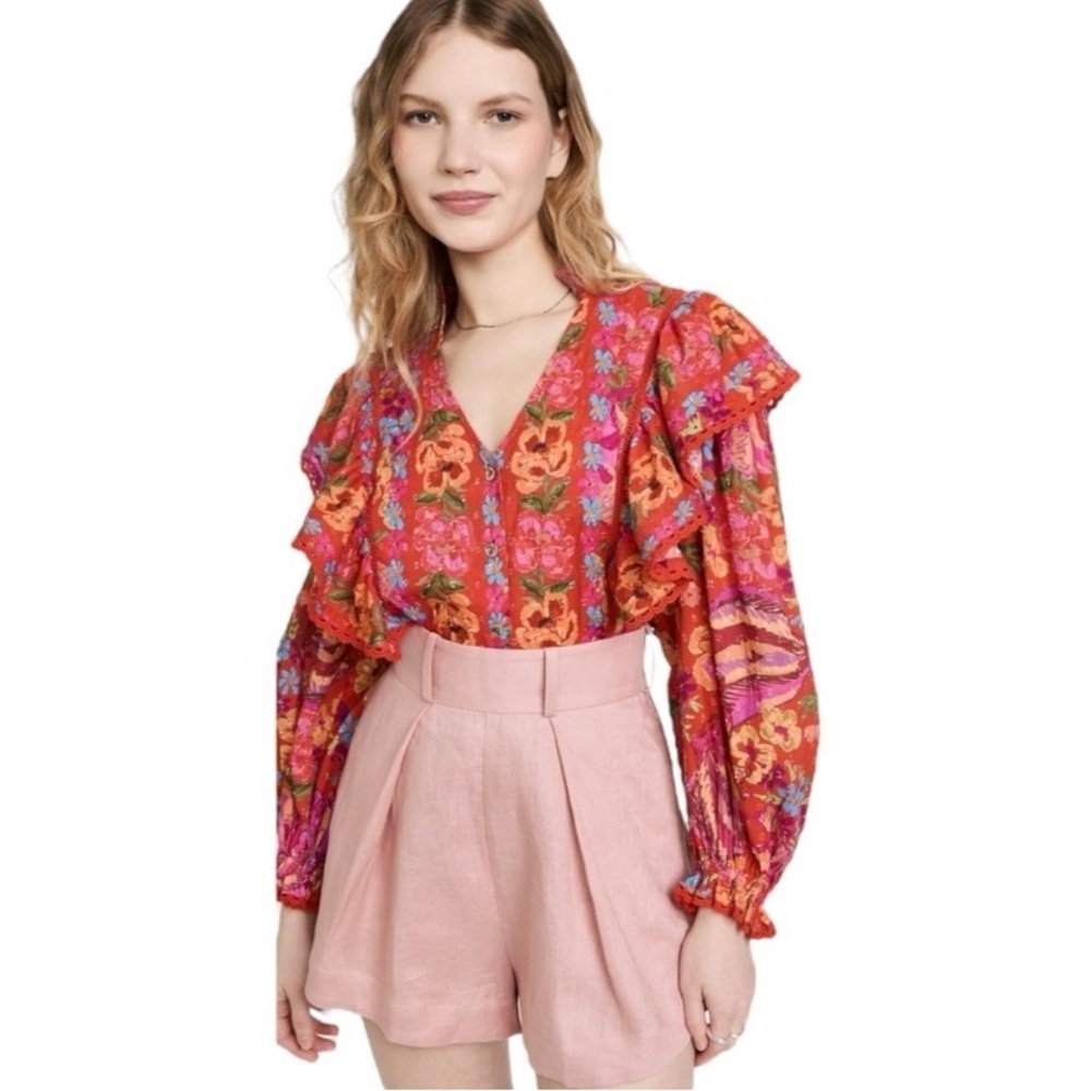 🍌 Farm Rio Spring Bananas Puff-Sleeve Button Down Top – Size Small 🍌 - Picture 3 of 5